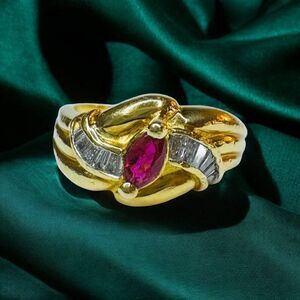 18k Gold Natural Ruby Diamond Baguette Ring Sz 5.5 Solid 750 Gold 3.8g Marquise